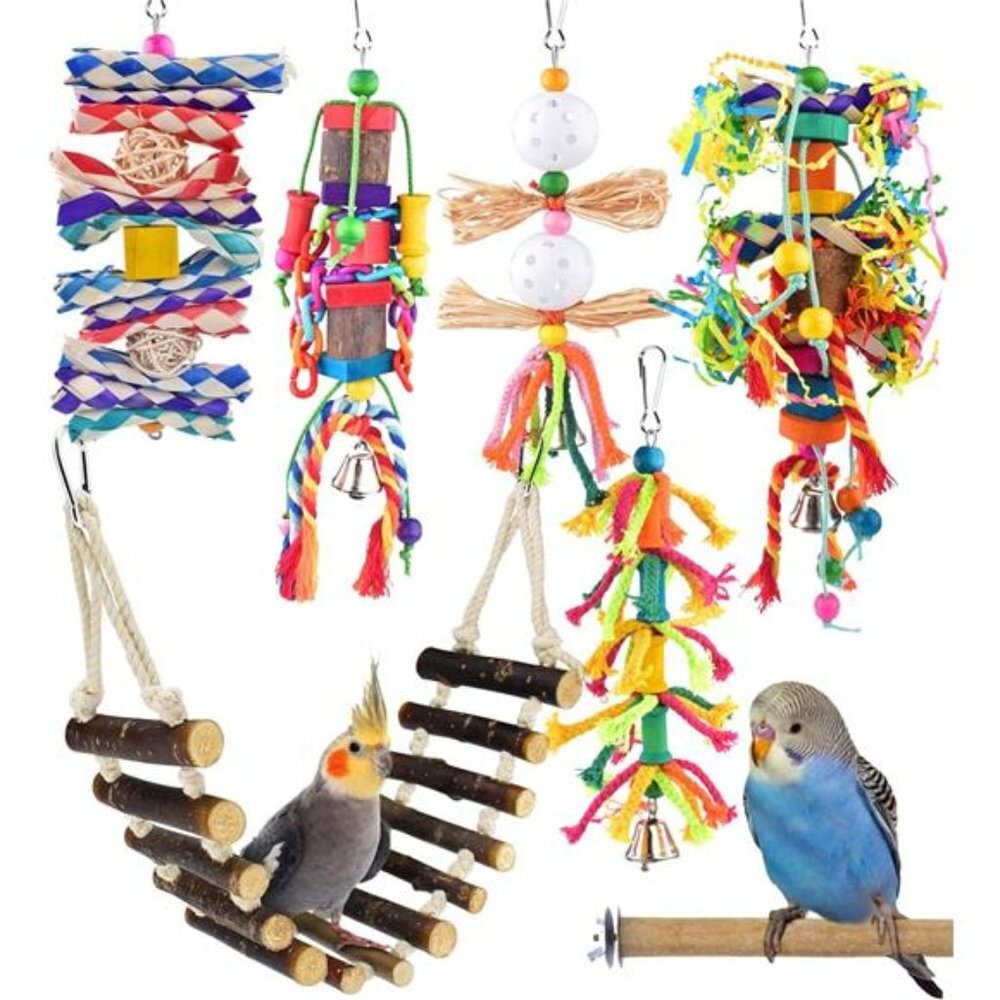 Small Bird Toys,Colorful Bamboo Hanging Shredding Toys Parrot Chew Wooden Blocks